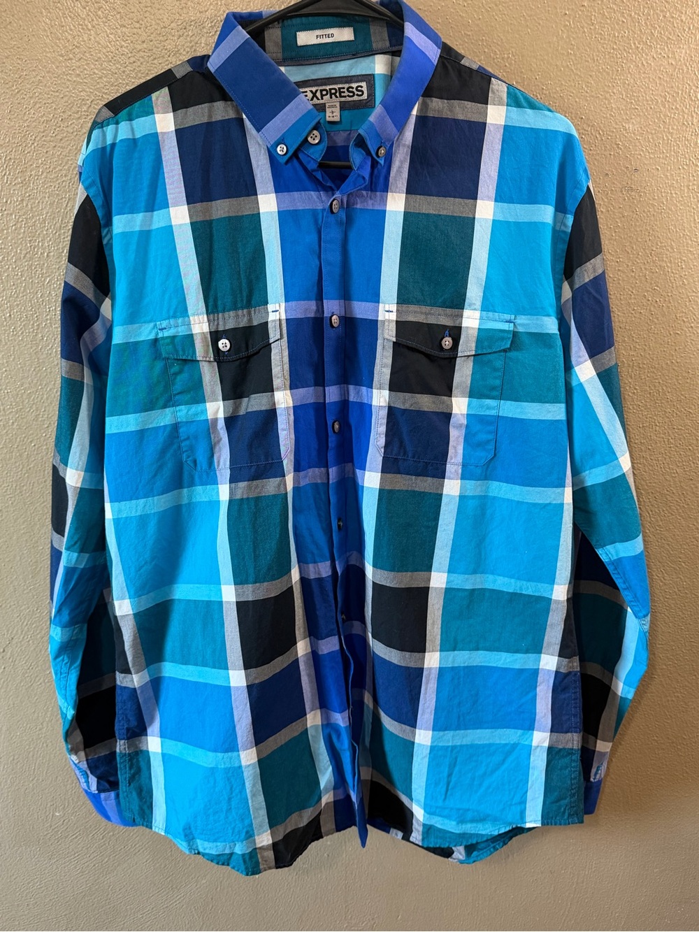 Express Men's Turquoise Navy Plaid Button-Down Shirt
